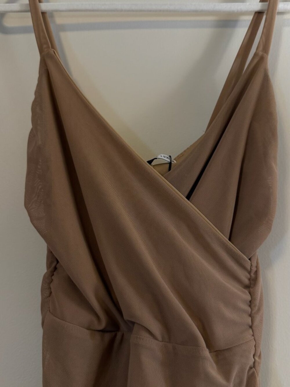 Femme Luxe Bodycon Nude V-Neck Faux Wrap Ruched Maxi Dress NWT - Sz S